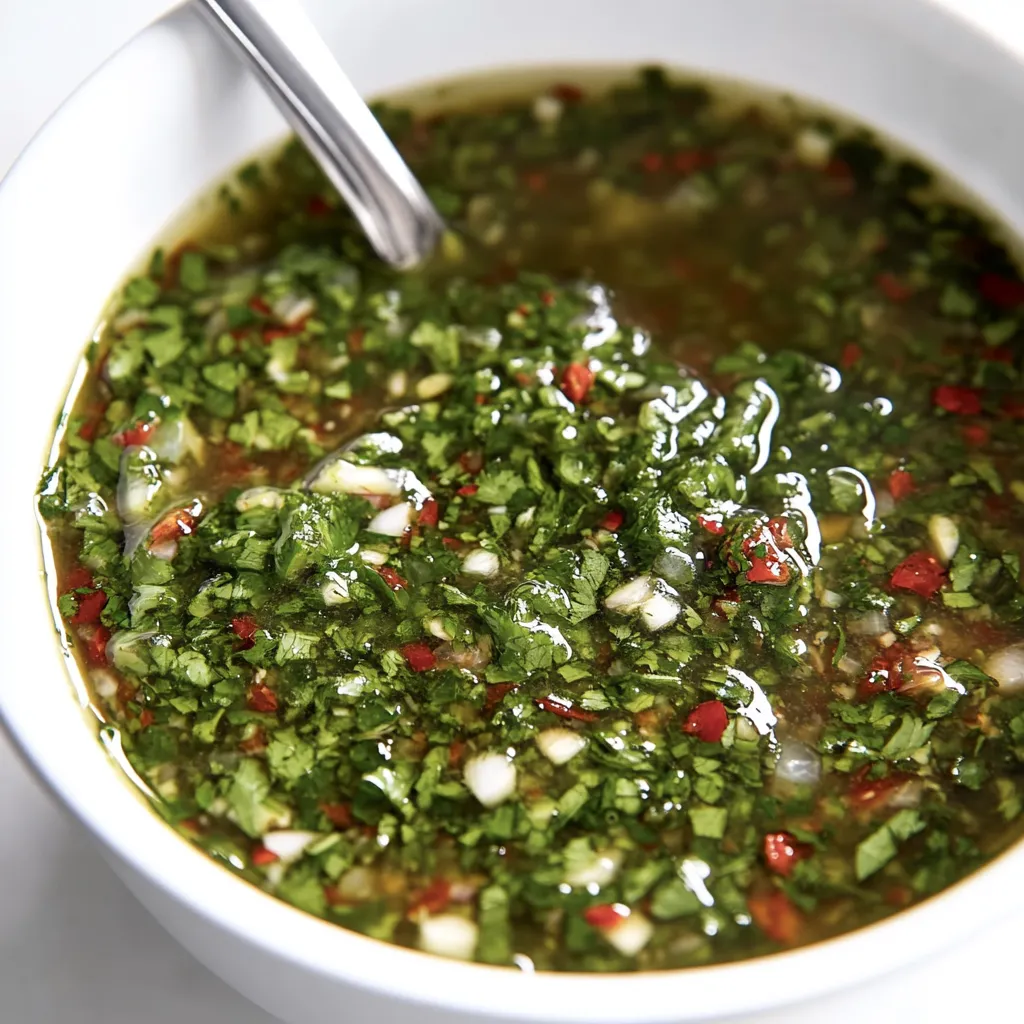 A bowl of green sauce with a spoon in it.
