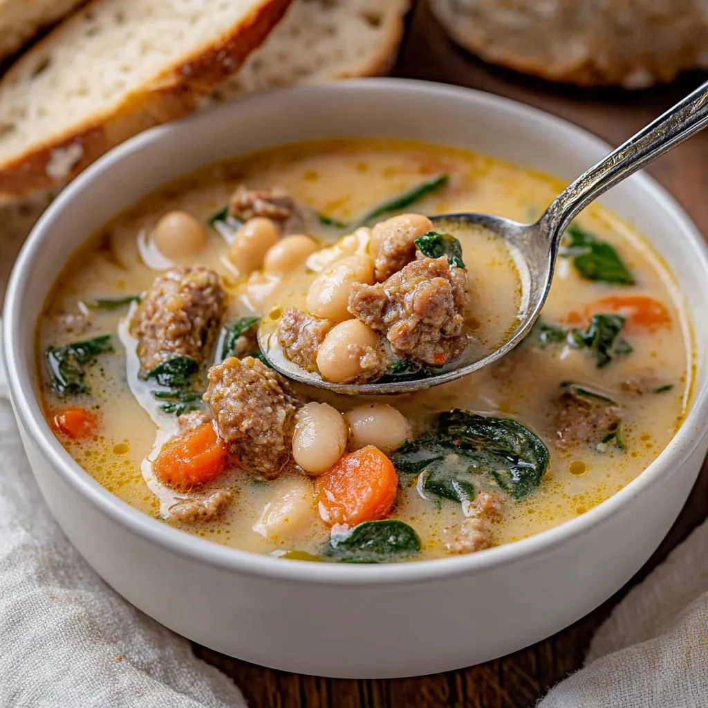 A bowl of soup with a spoon in it.