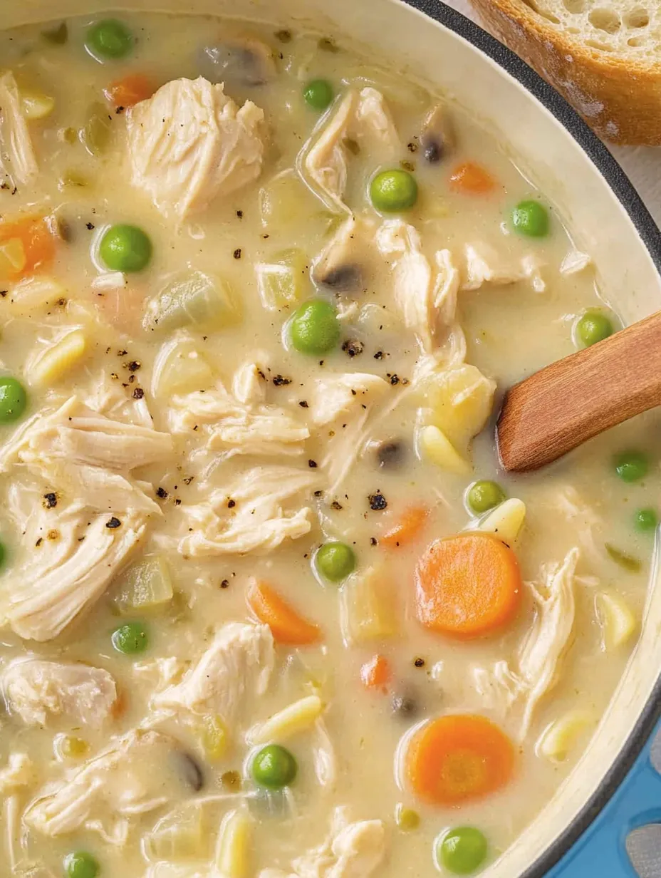 A bowl of soup with chicken and peas.