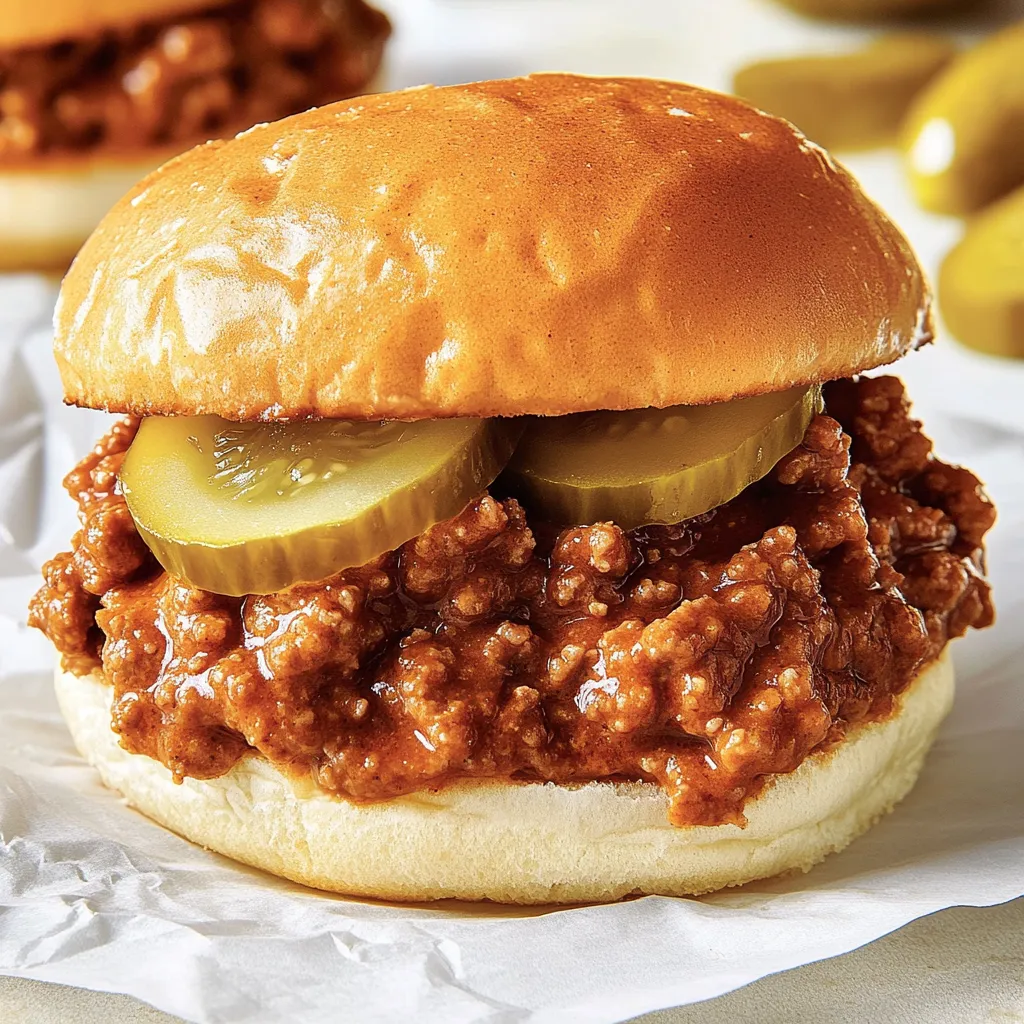 A homemade sloppy joe sandwich with pickles on top.