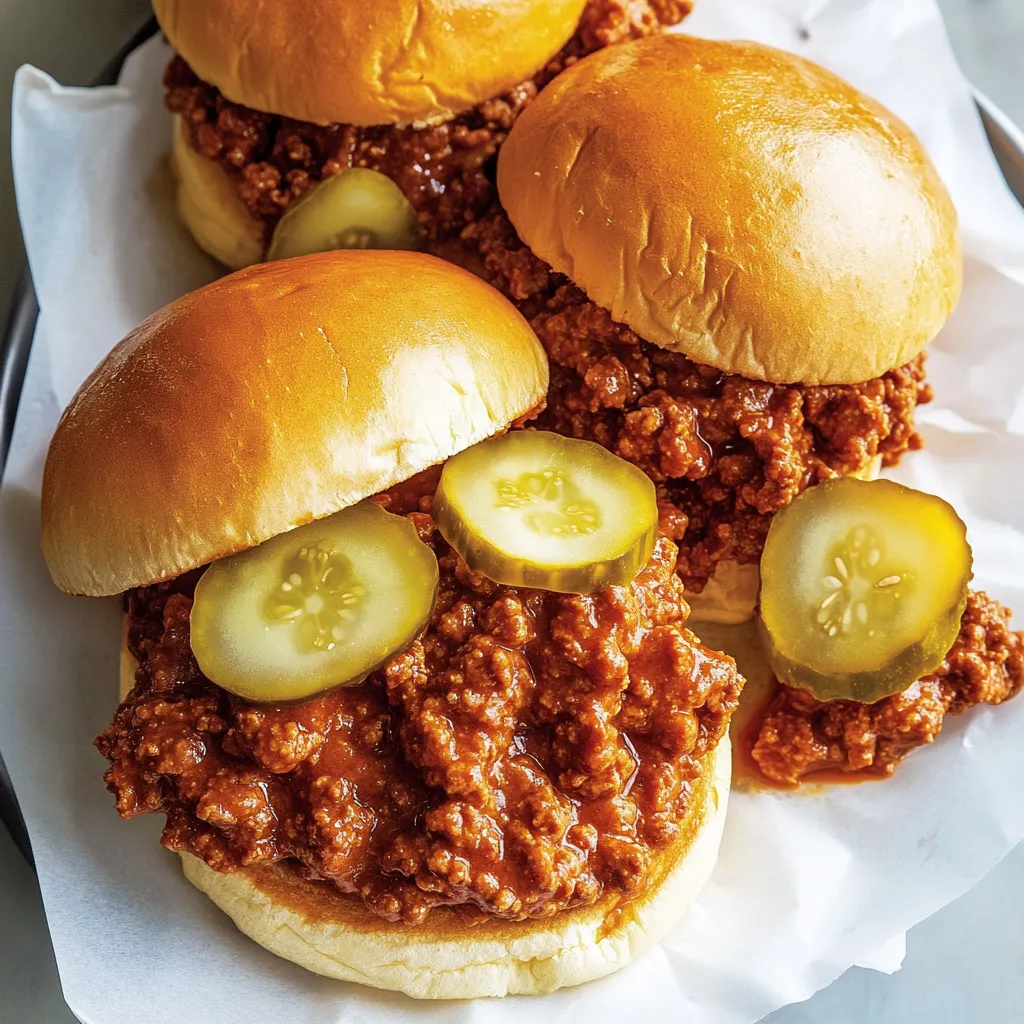 Two homemade sloppy joe sandwiches with pickles on top.