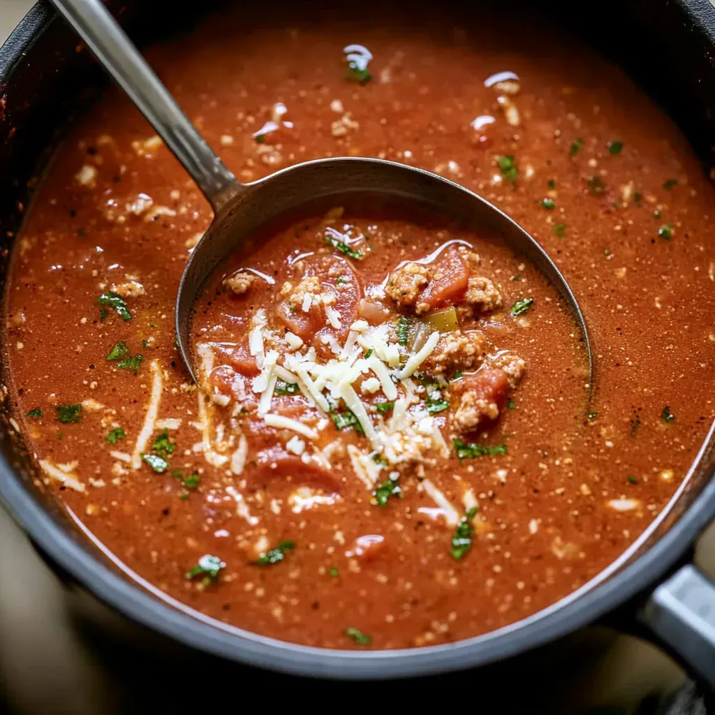 A spoon in a bowl of soup.