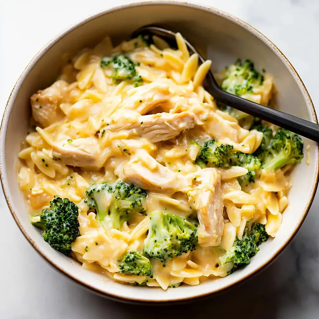A bowl of pasta with broccoli and chicken.