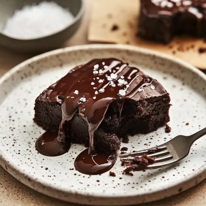 A chocolate dessert with chocolate sauce drizzled on top.