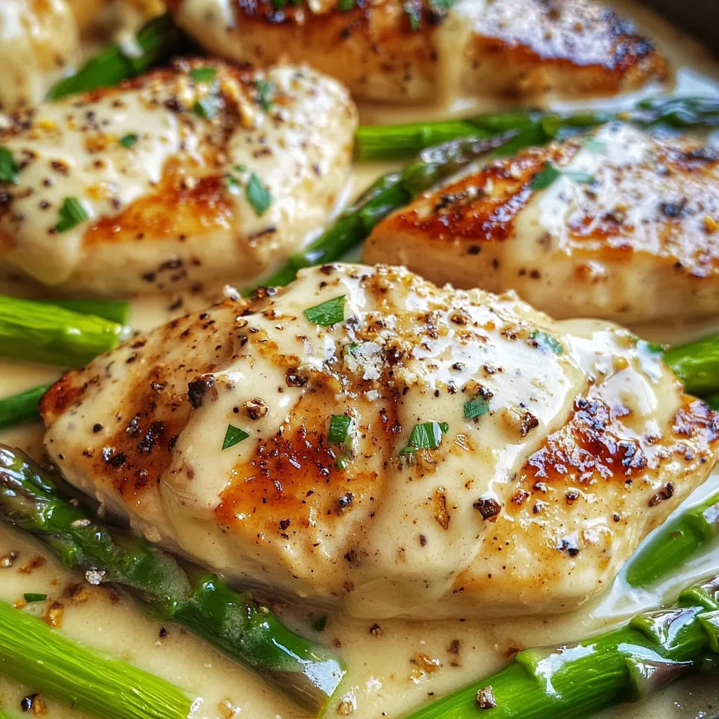 Chicken with asparagus on top.