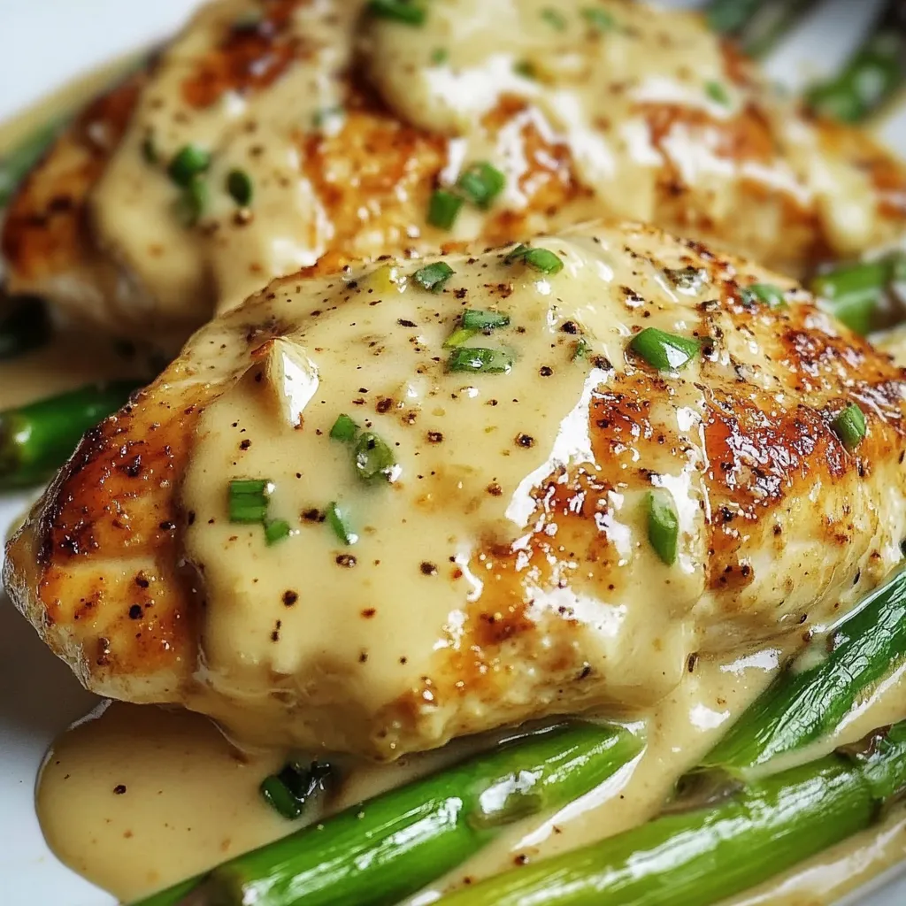 A plate of Caesar chicken with asparagus.