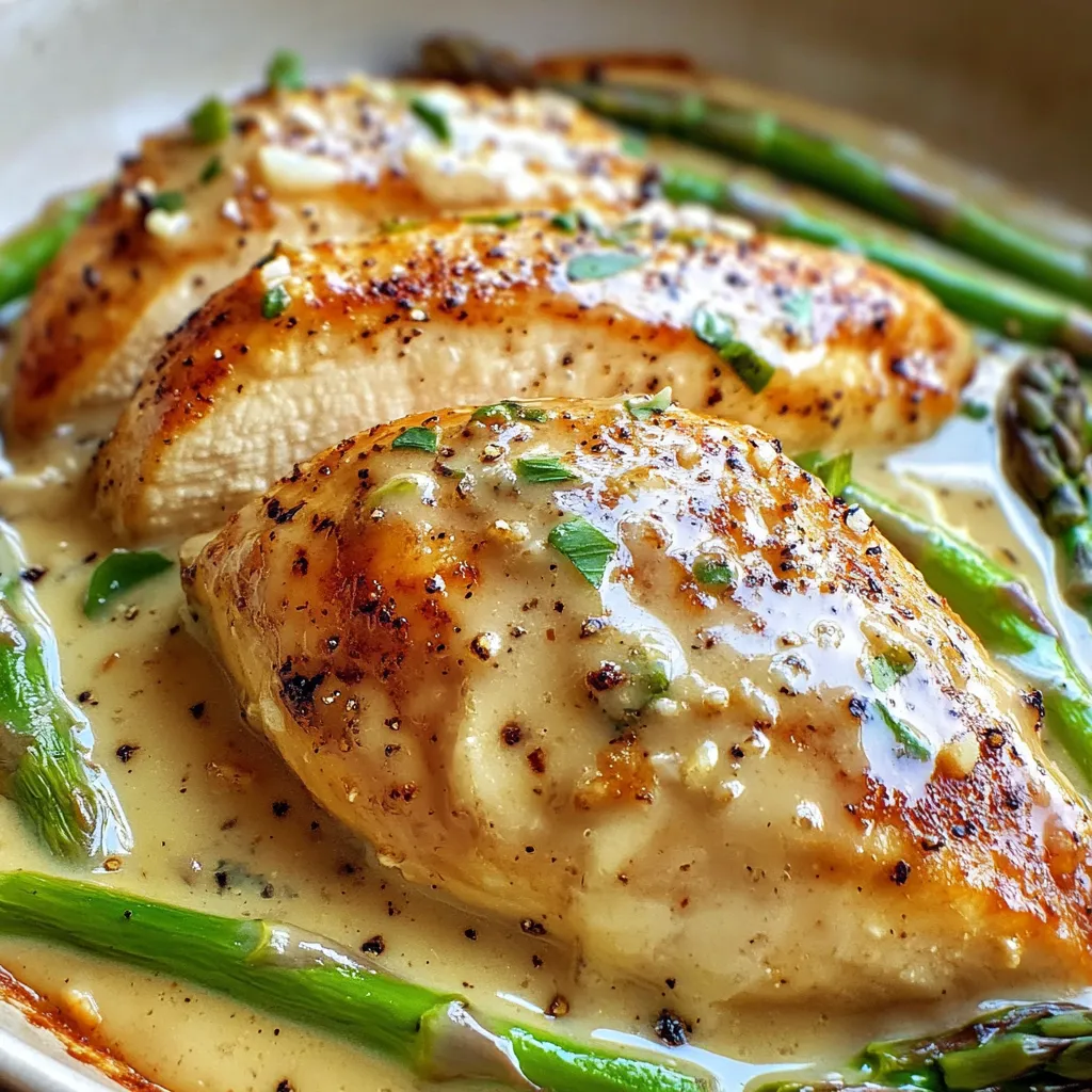 A plate of chicken with asparagus.