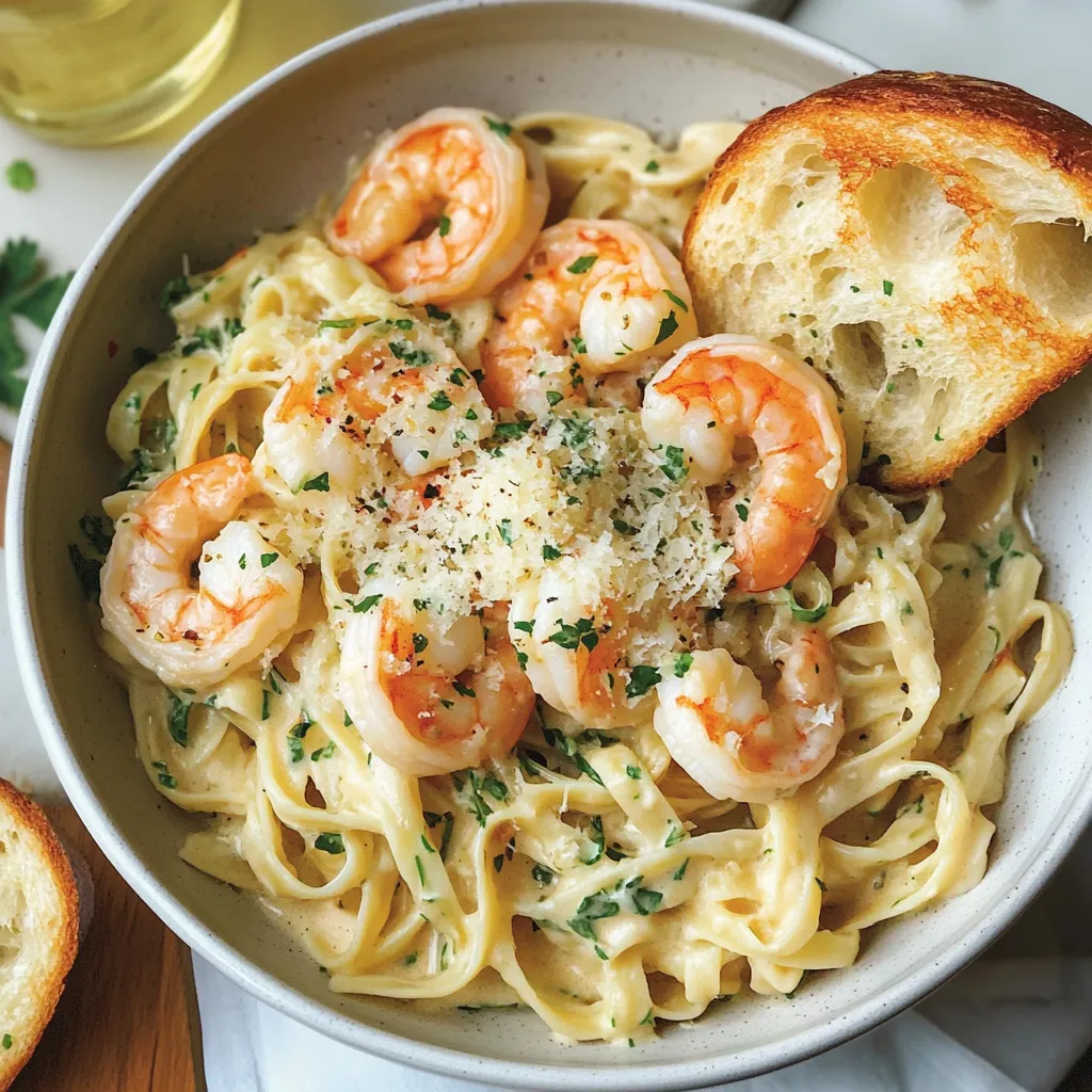 A bowl of shrimp scampi with bread.