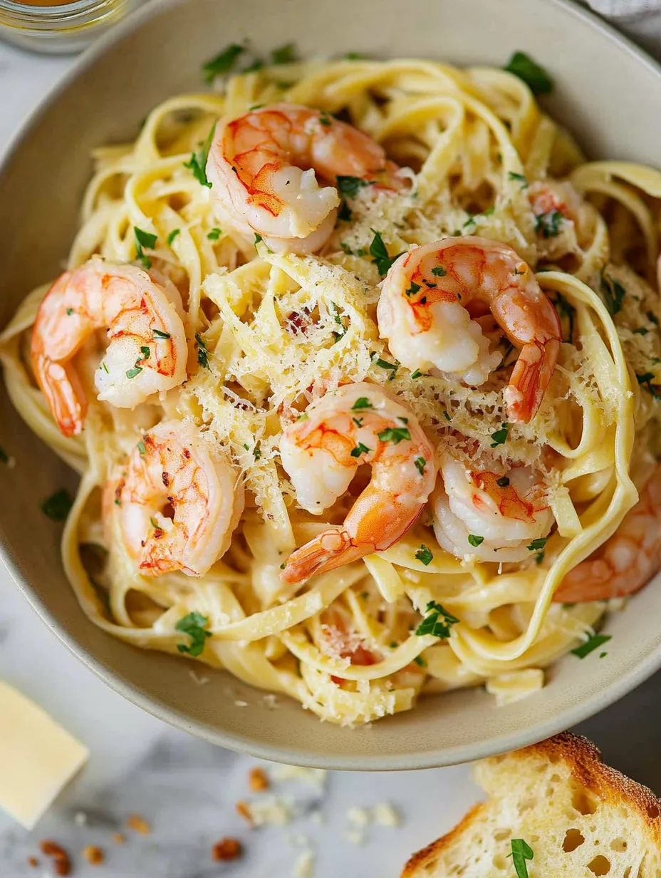 A bowl of shrimp scampi pasta.