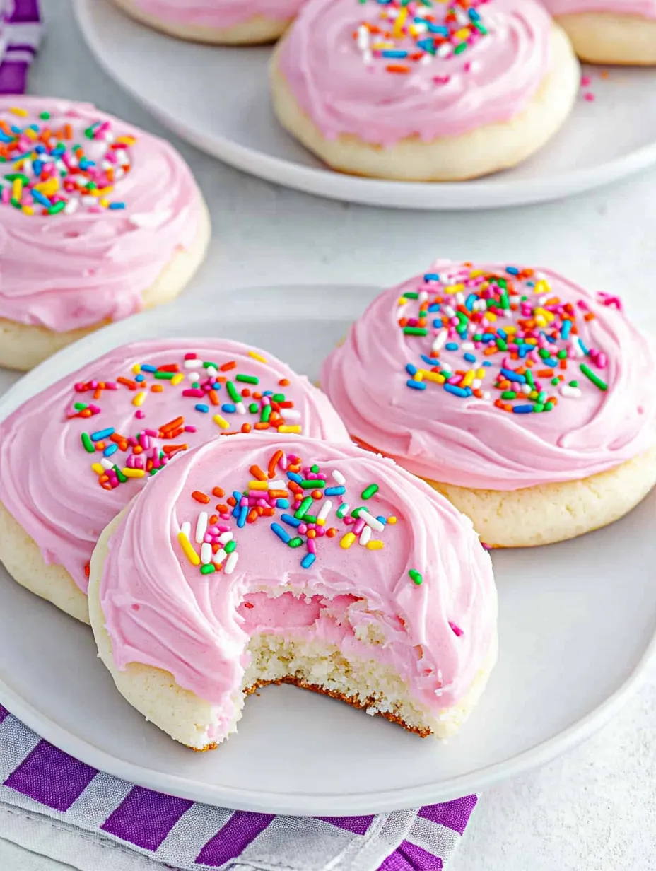 A pink frosted cookie with sprinkles.