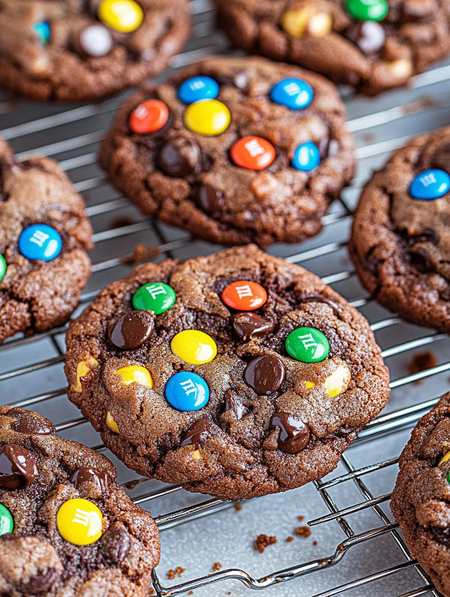 Chocolate M&M's cookies on a cooling rack.