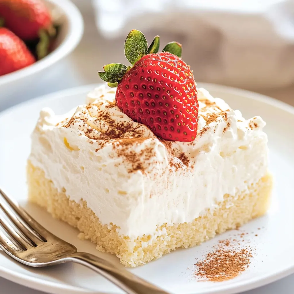 A slice of tres leches cake with a strawberry on top.