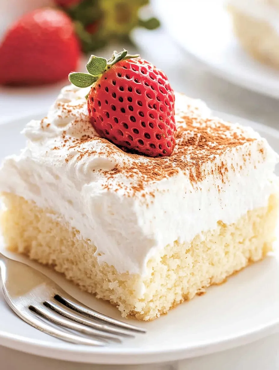 A slice of tres leches cake with a strawberry on top.