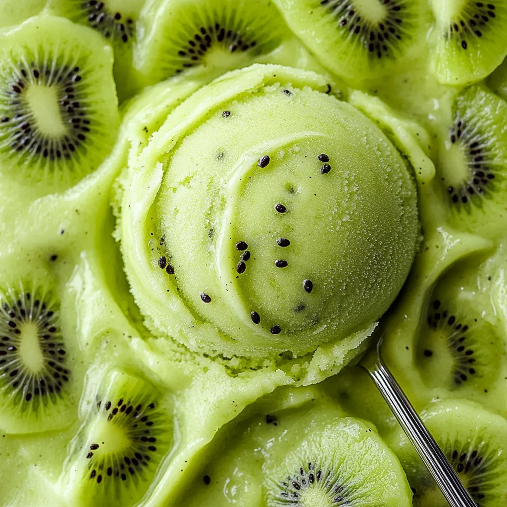 A kiwi sorbet with a spoon in it.