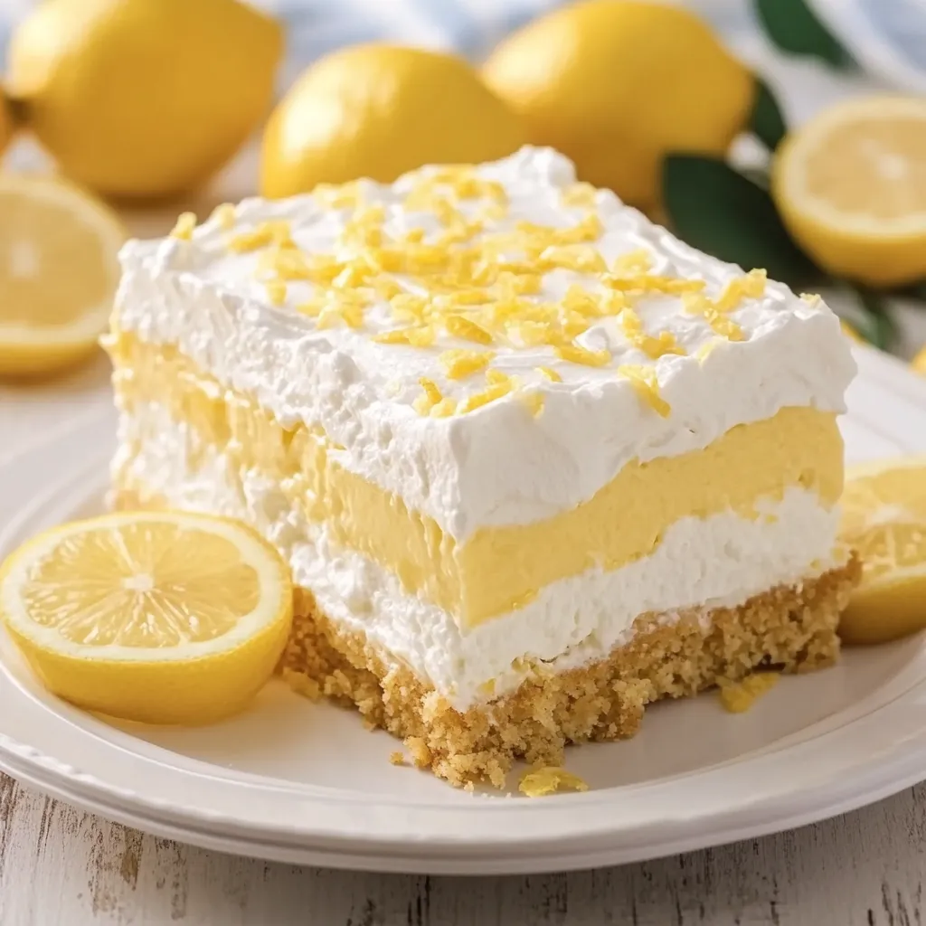 A slice of lemon lasagna on a plate.