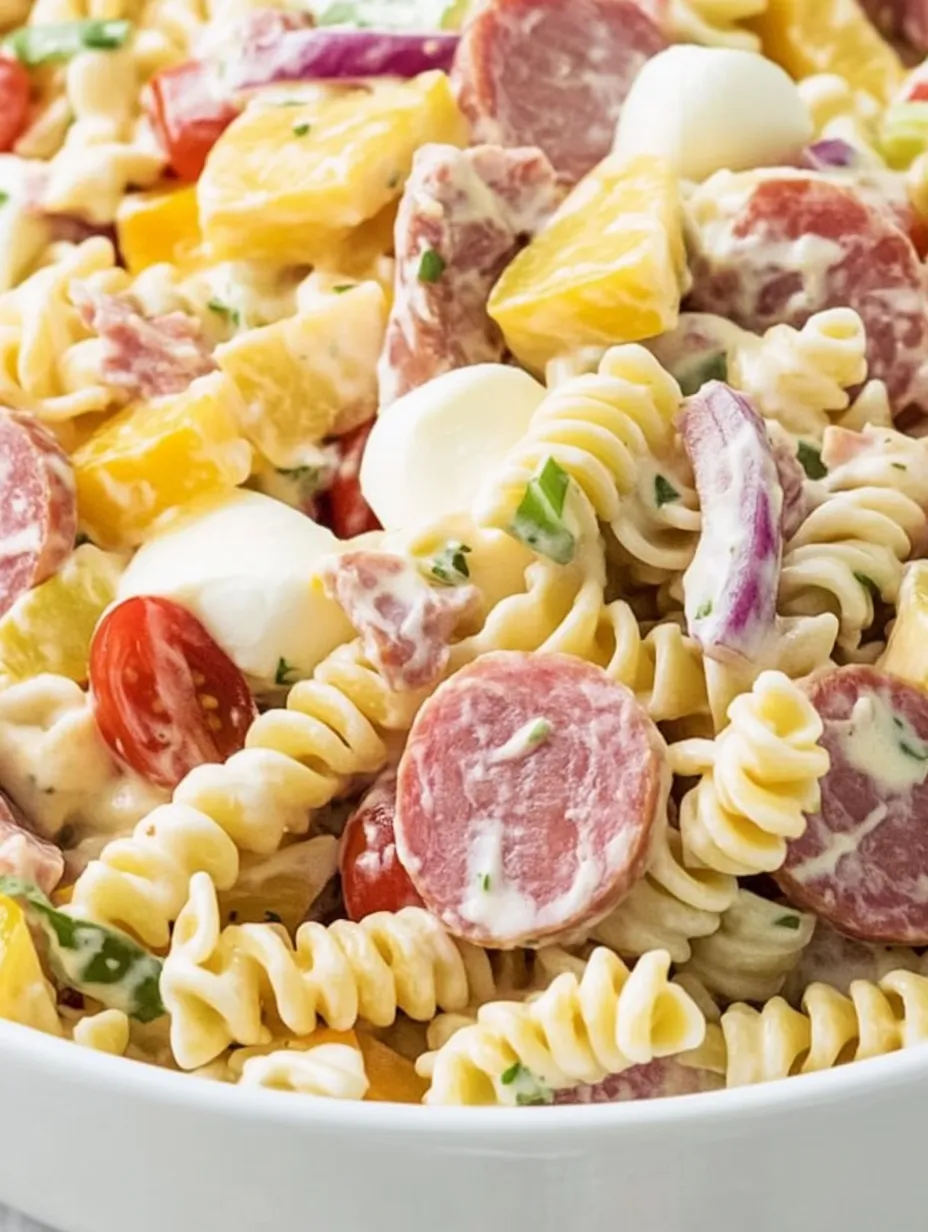 A bowl of pasta salad with meatballs and tomatoes.