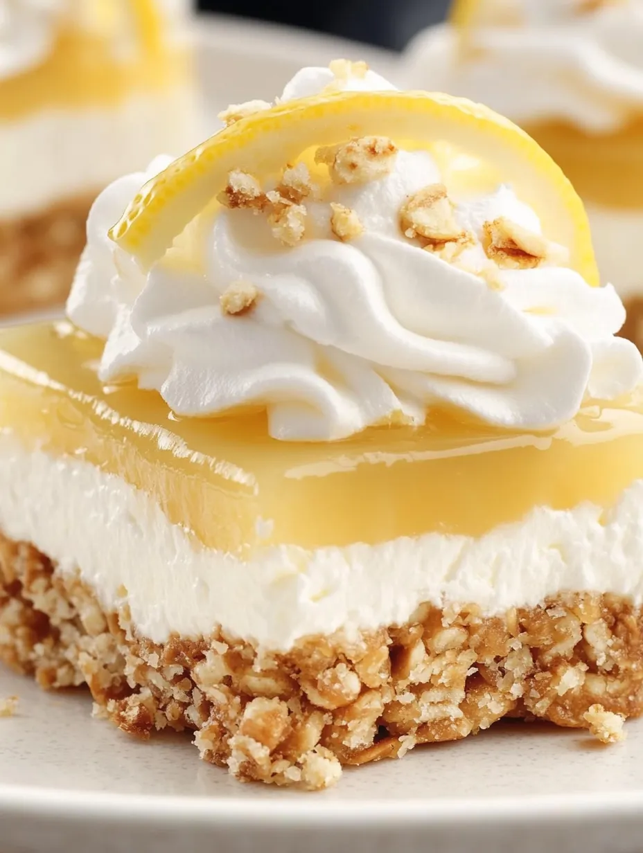 A slice of lemon pretzel dessert with a lemon wedge on top.
