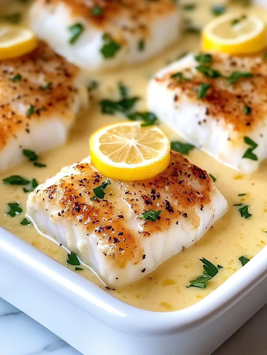 A plate of fish with lemon slices on top.