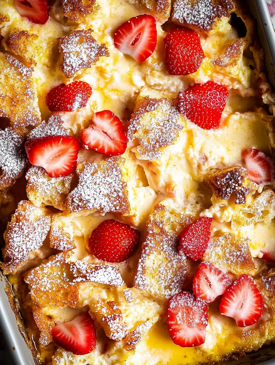 French toast with strawberries and powdered sugar.