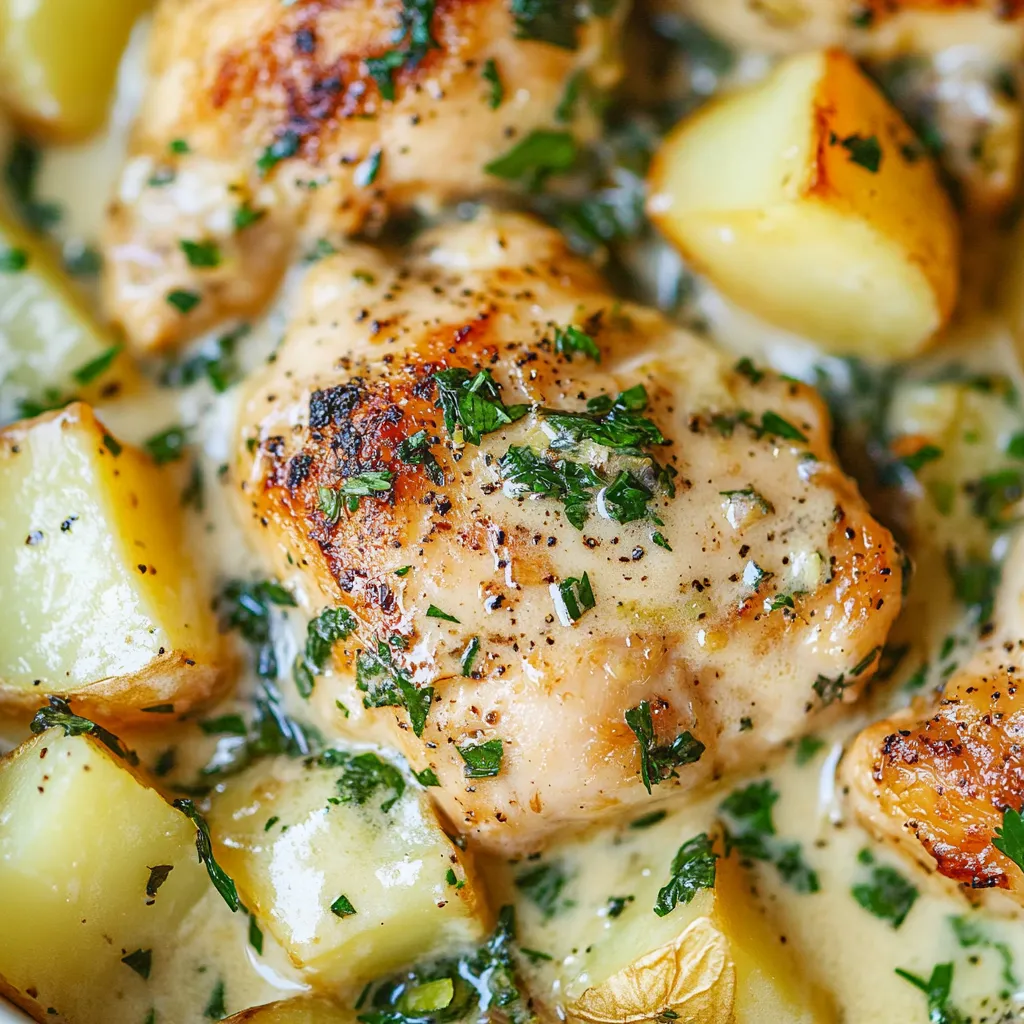 Chicken and potatoes with garlic parmesan cream sauce.