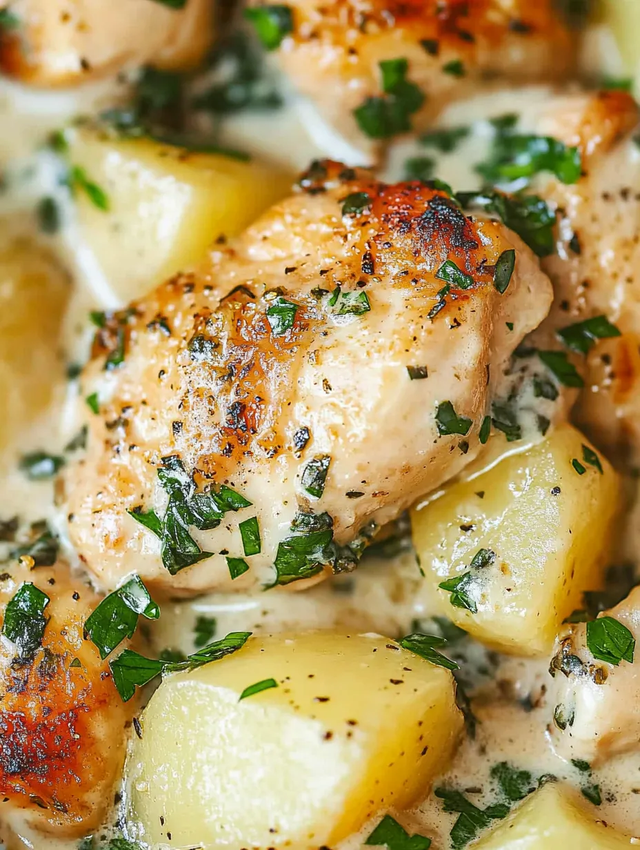 Chicken and potatoes with garlic parmesan cream sauce.