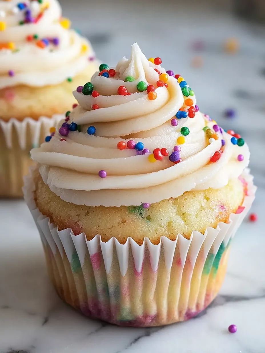 A cupcake with a white frosting and sprinkles.