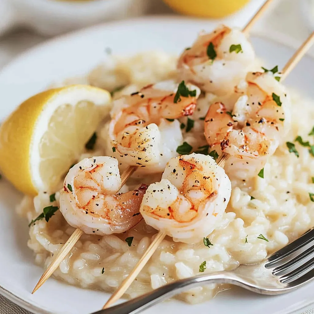 A plate of shrimp and rice with a lemon wedge on the side.