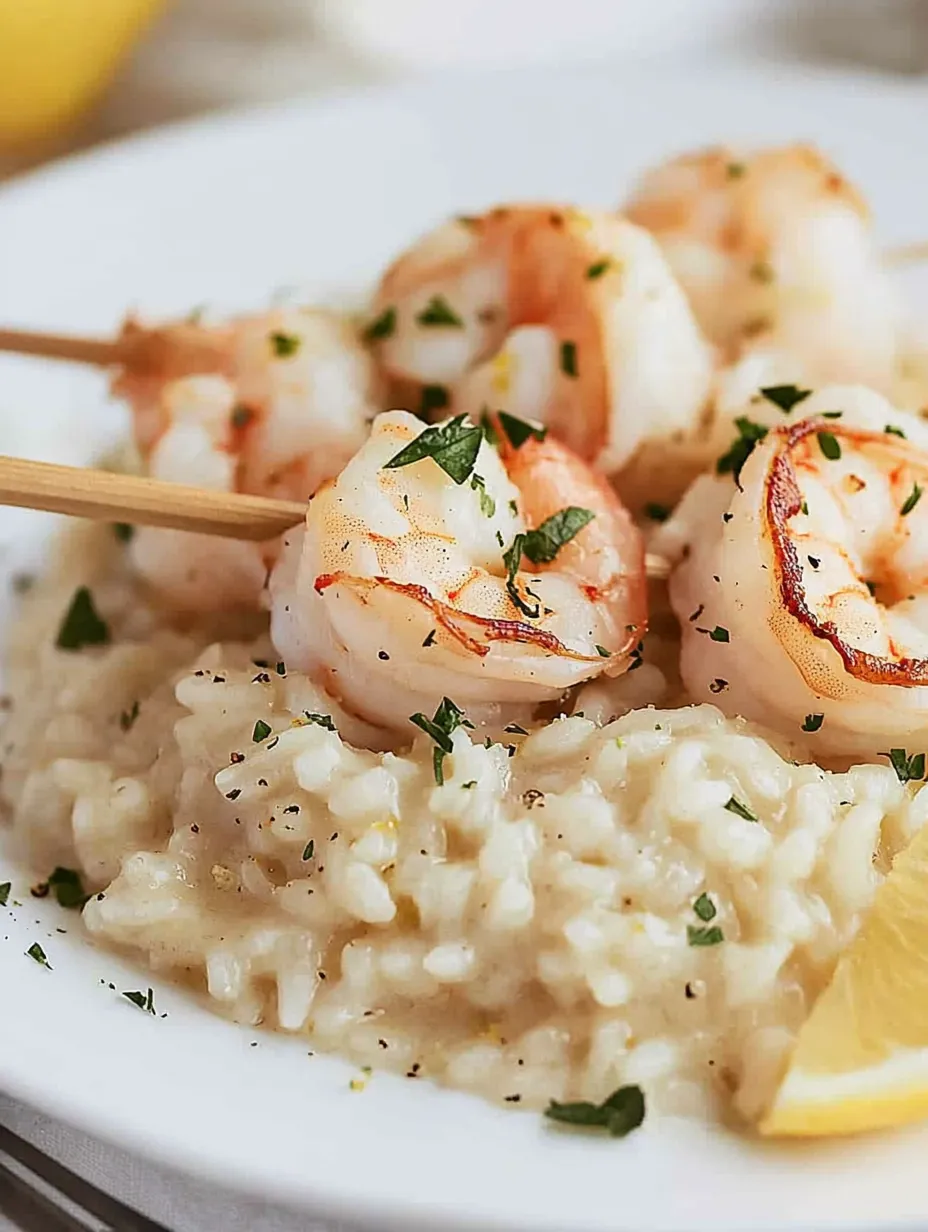 A plate of shrimp and rice with a lemon wedge on the side.