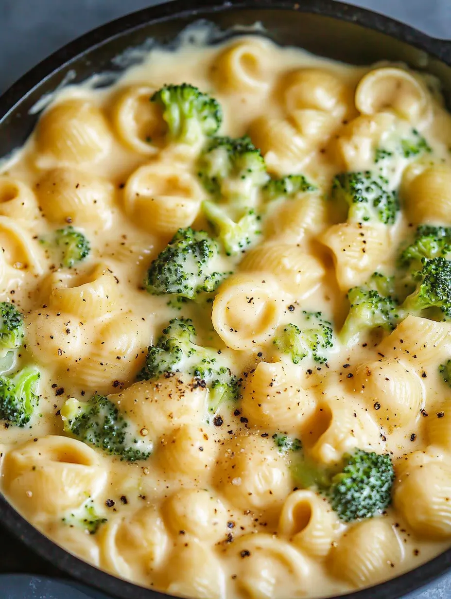 A bowl of creamy broccoli mac and cheese.