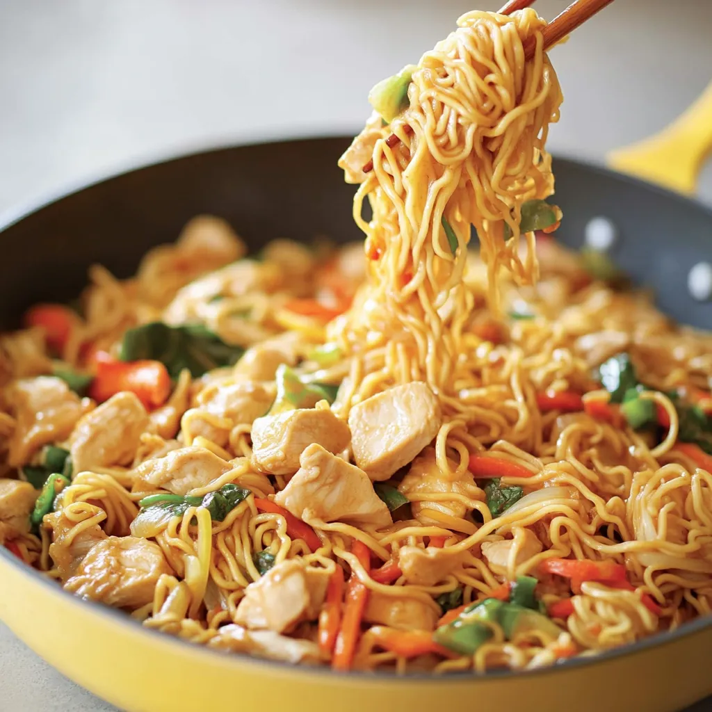 A yellow bowl of Thai Peanut Chicken Noodles.