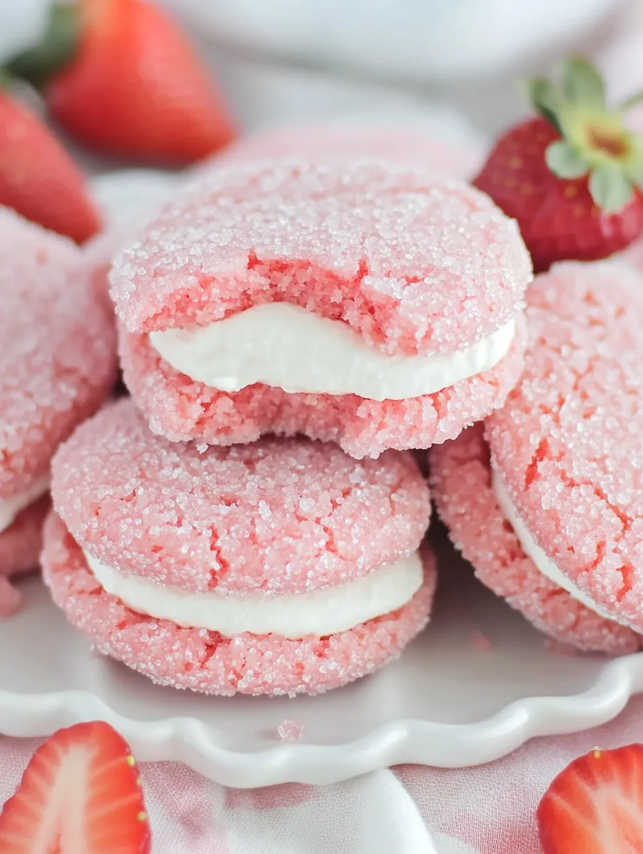 A plate of pink and white cookies with strawberries on top.
