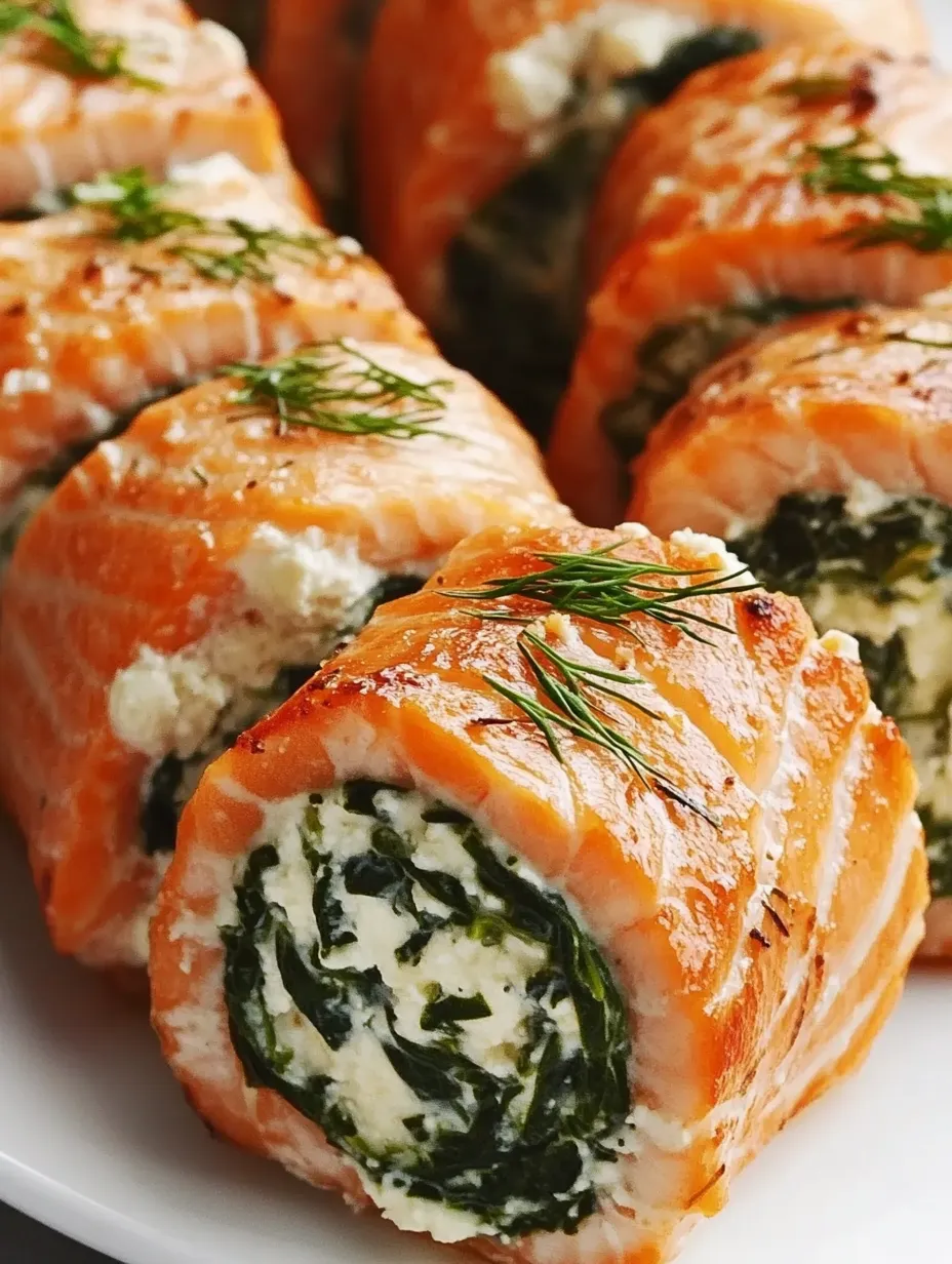 Spinach and feta stuffed salmon pinwheels.