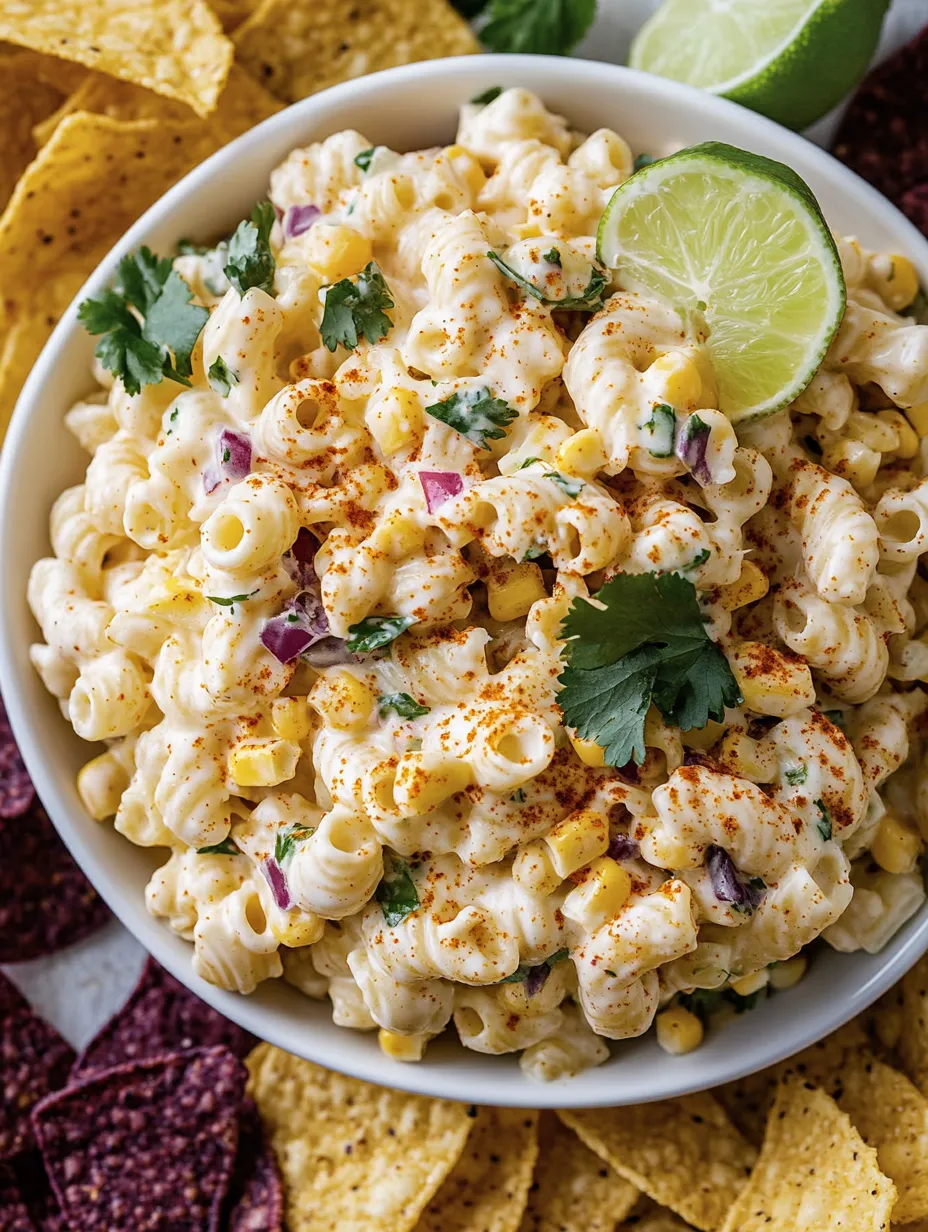 A bowl of Mexican street corn pasta salad.