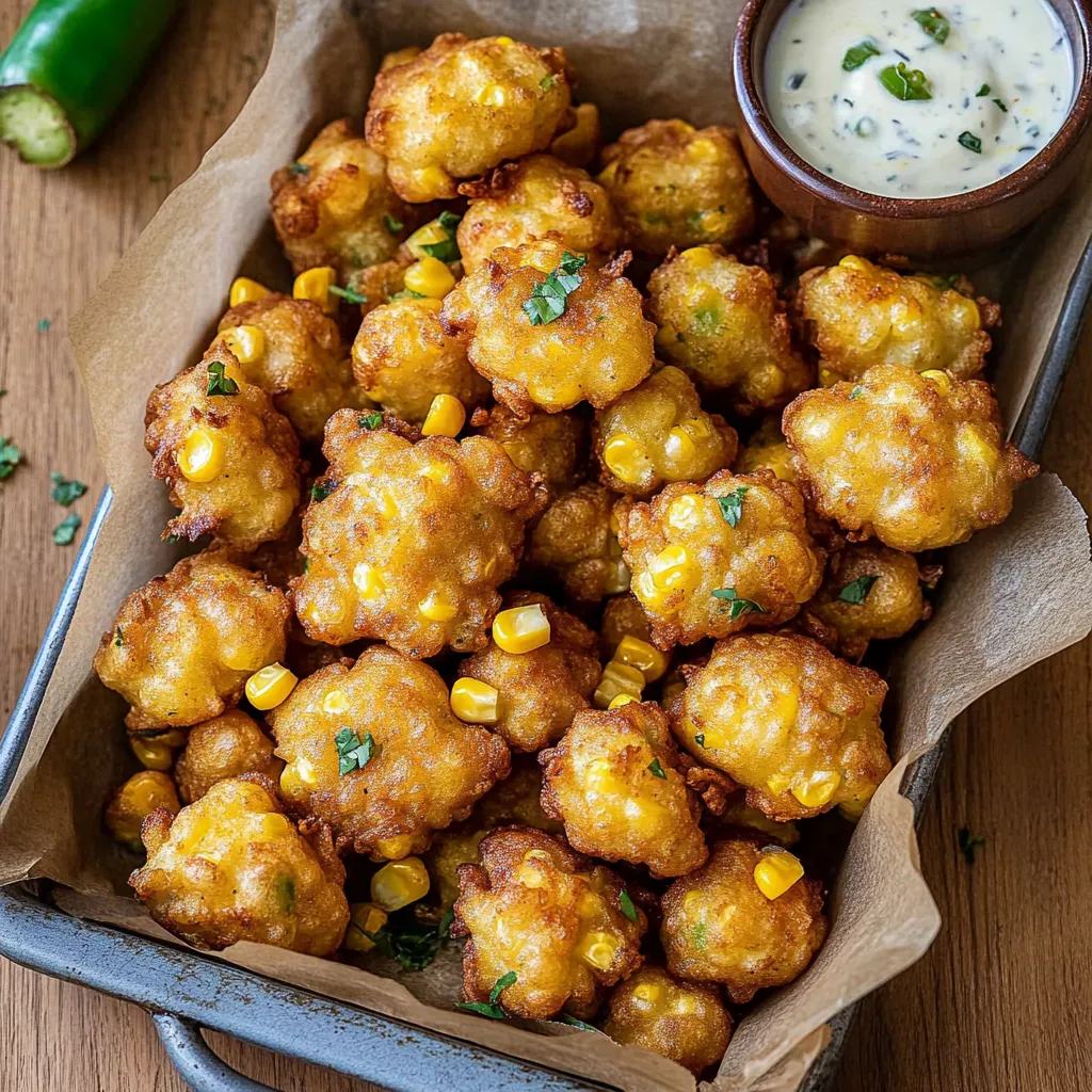 A bowl of jalapeno corn nuggets with a dipping sauce.