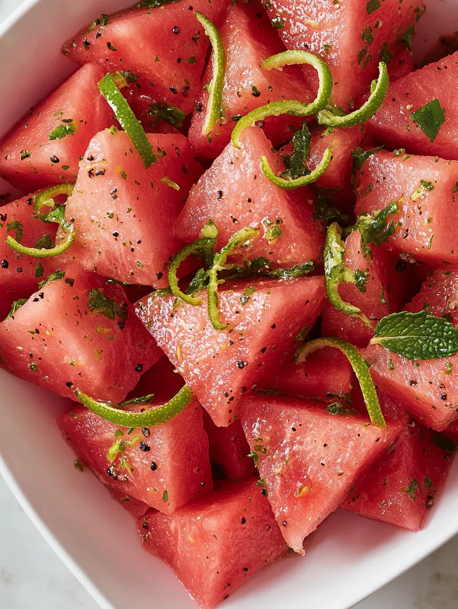 A bowl of watermelon with lime and mint.