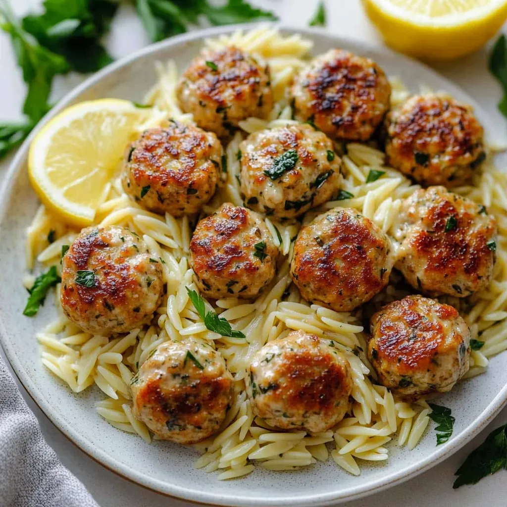 A plate of Greek chicken meatballs with lemon orzo.