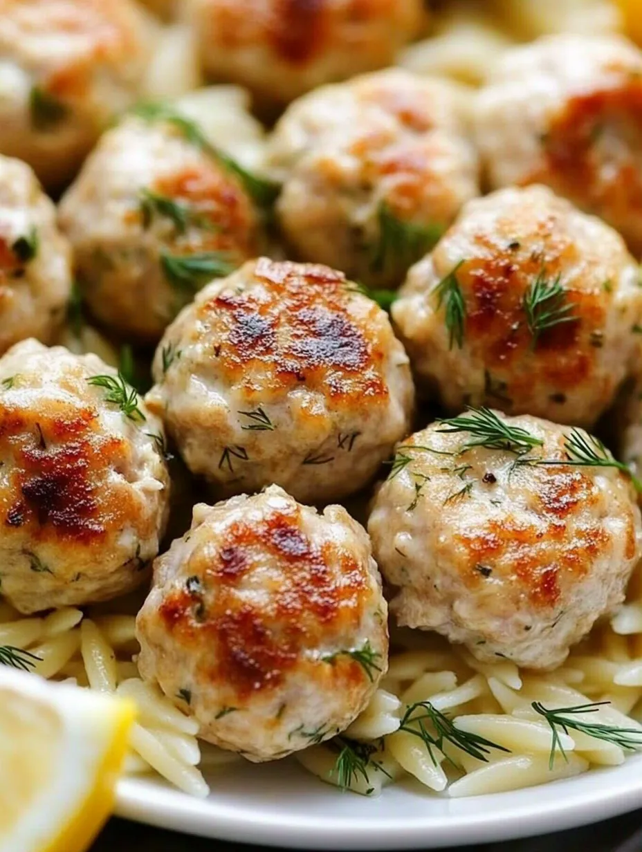 A plate of Greek chicken meatballs with lemon orzo.