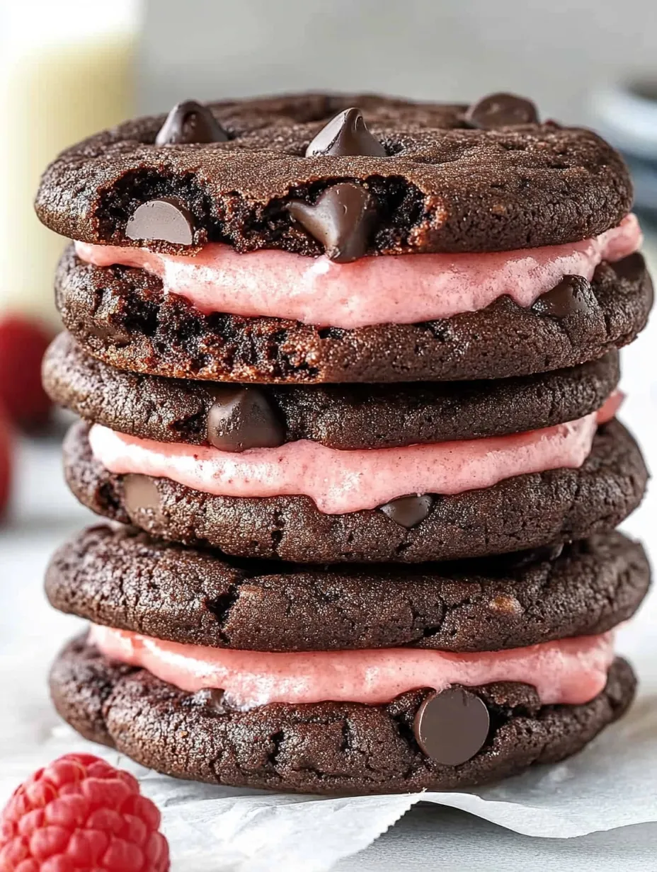 A stack of chocolate raspberry sandwich cookies.