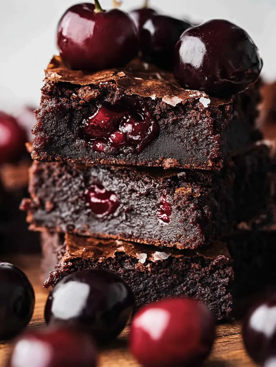 A stack of chocolate brownies with cherries on top.
