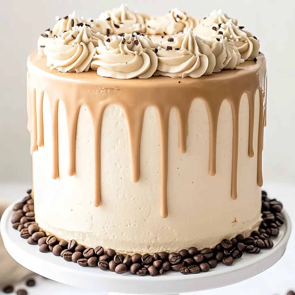 A white chocolate mocha cake with drizzled caramel.
