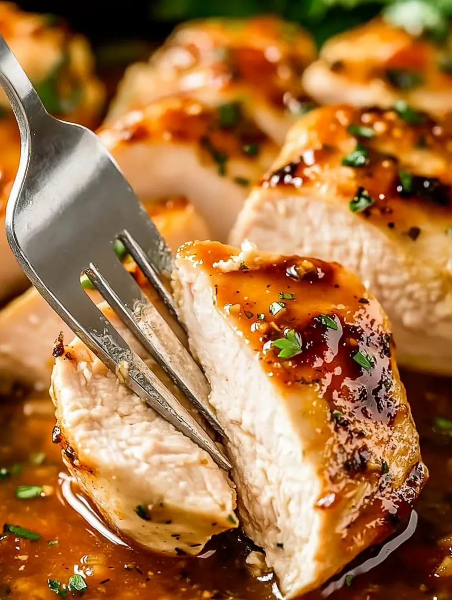 A fork is stuck in a piece of baked honey mustard chicken.