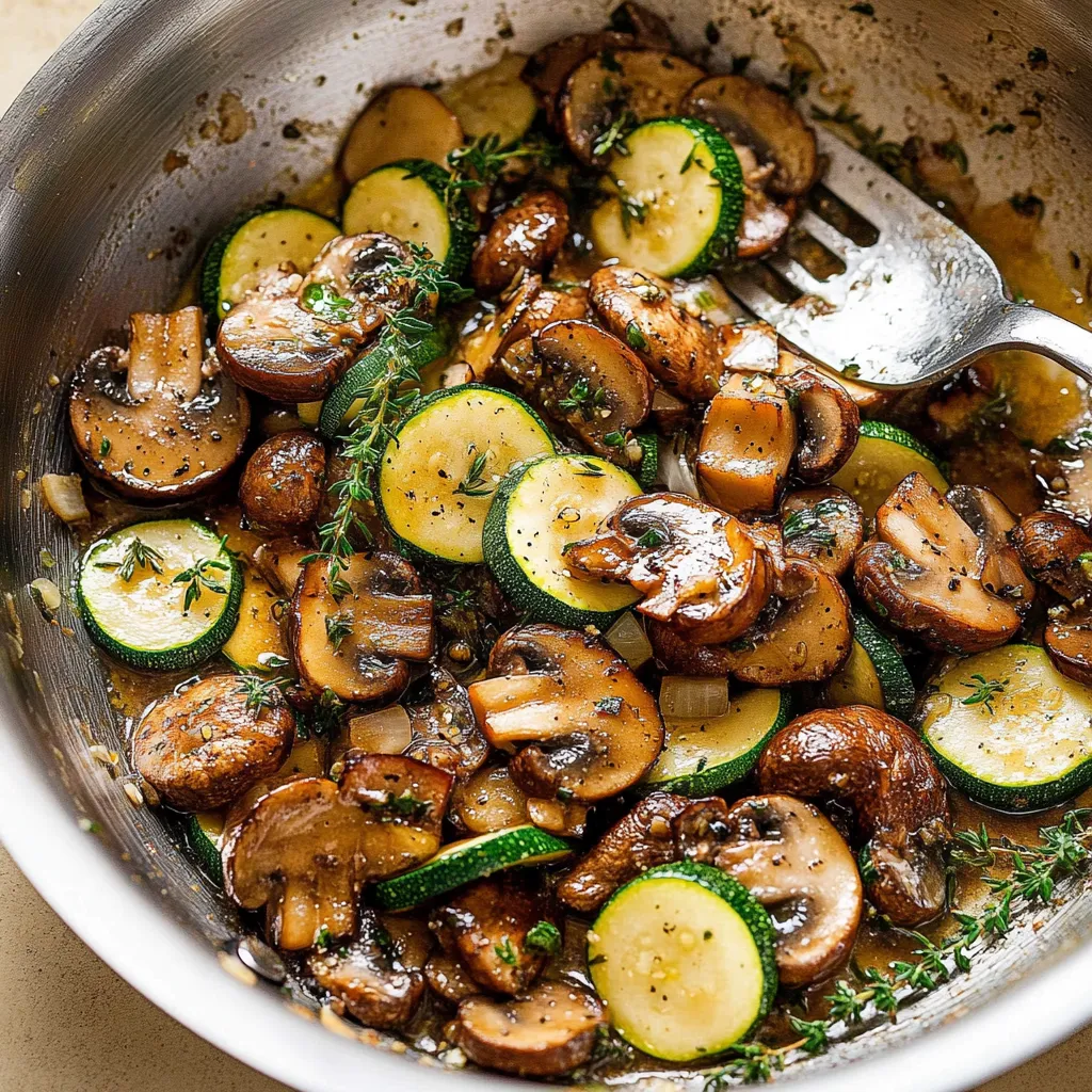 A skillet of zucchini and mushrooms.