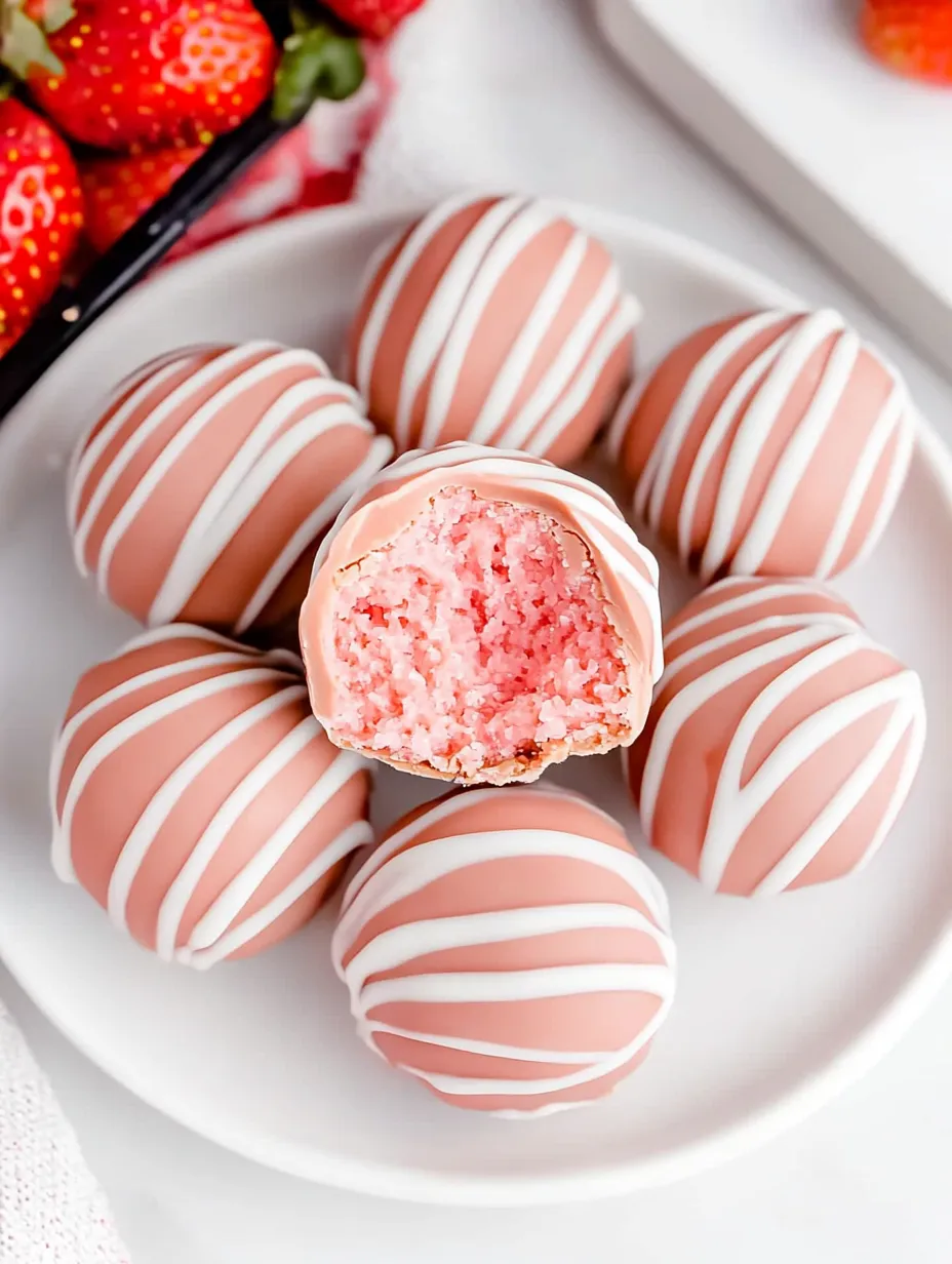 A plate of pink and white striped strawberry cheesecake bites.