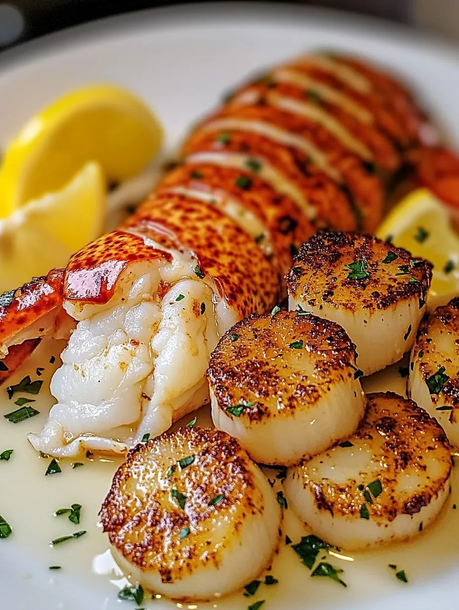 A plate of food with lobster and scallops.