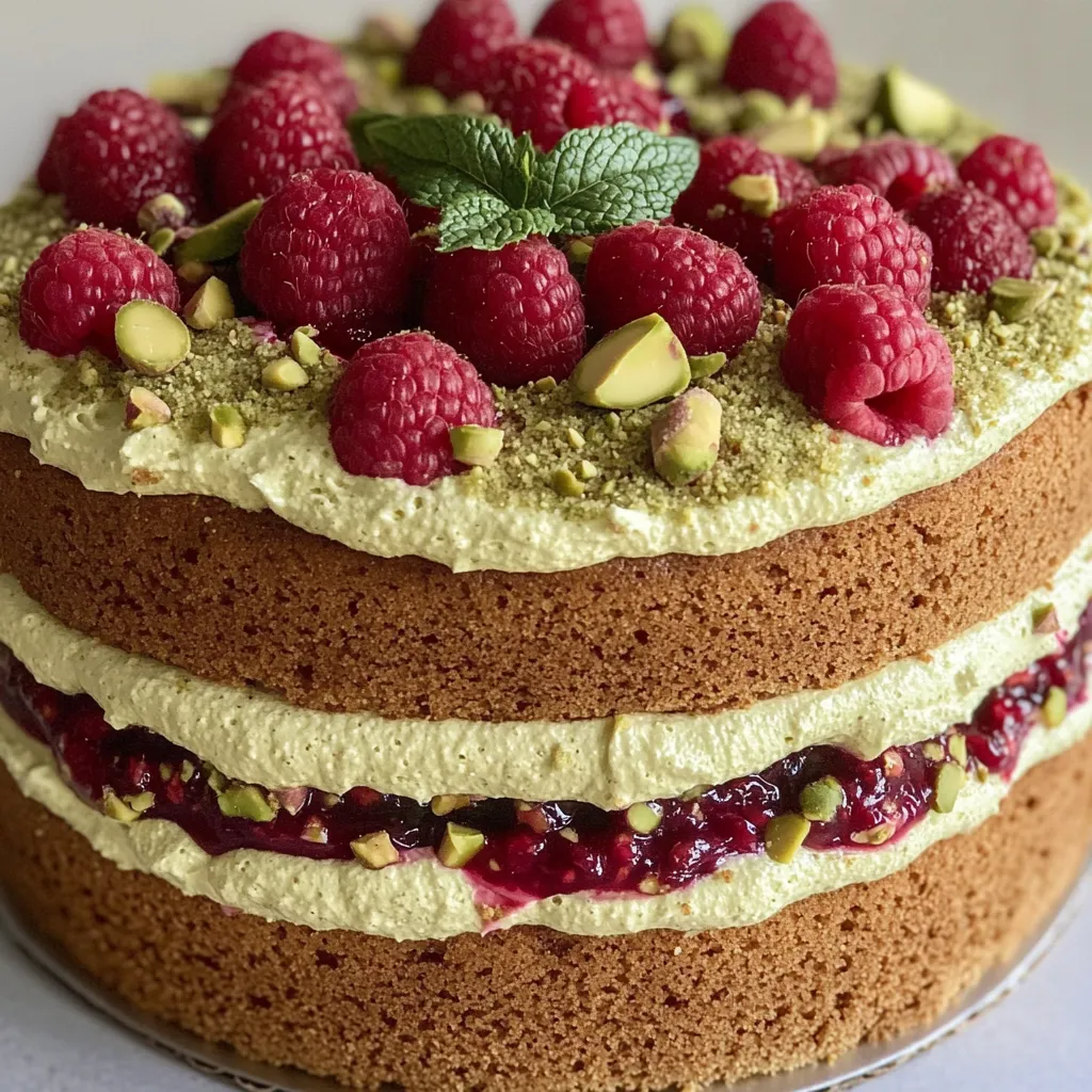 A slice of pistachio raspberry cake.