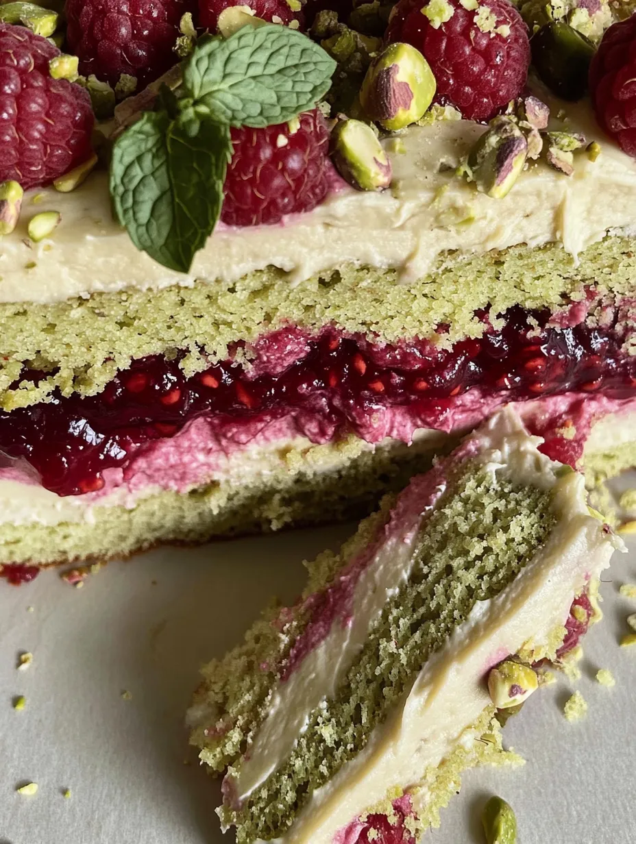 A slice of pistachio raspberry cake.