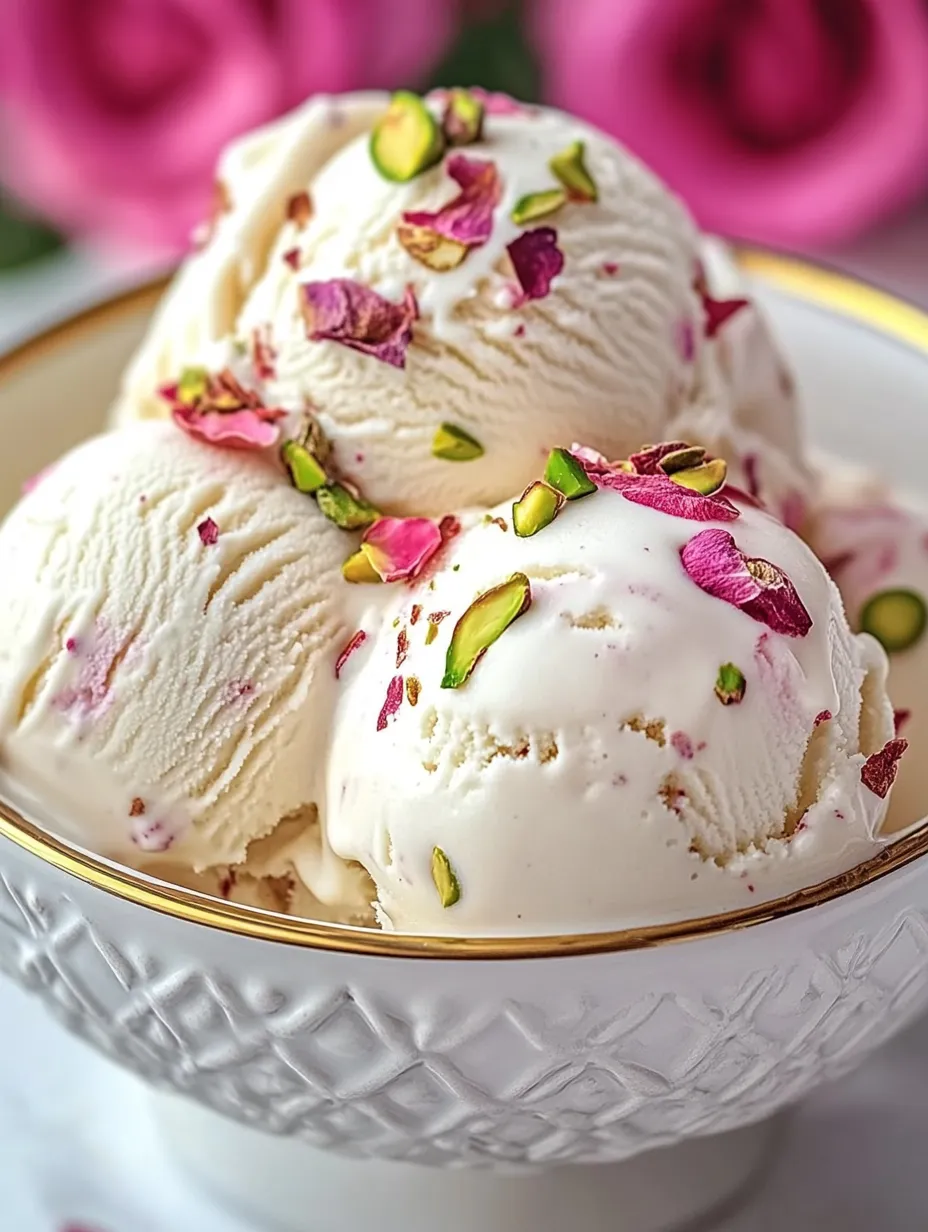 A bowl of ice cream with pistachio and rose petals.
