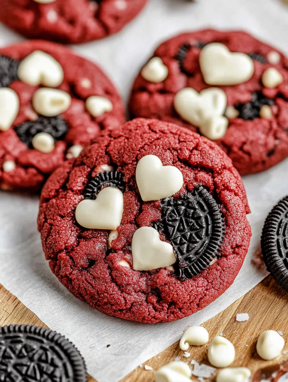 Red velvet cookies with white hearts.