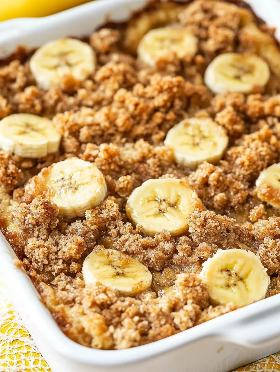 A close up of a baked banana french toast casserole.