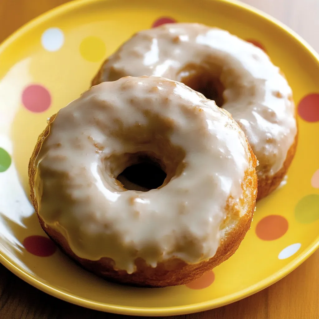 Two maple glazed donuts on a yellow plate.